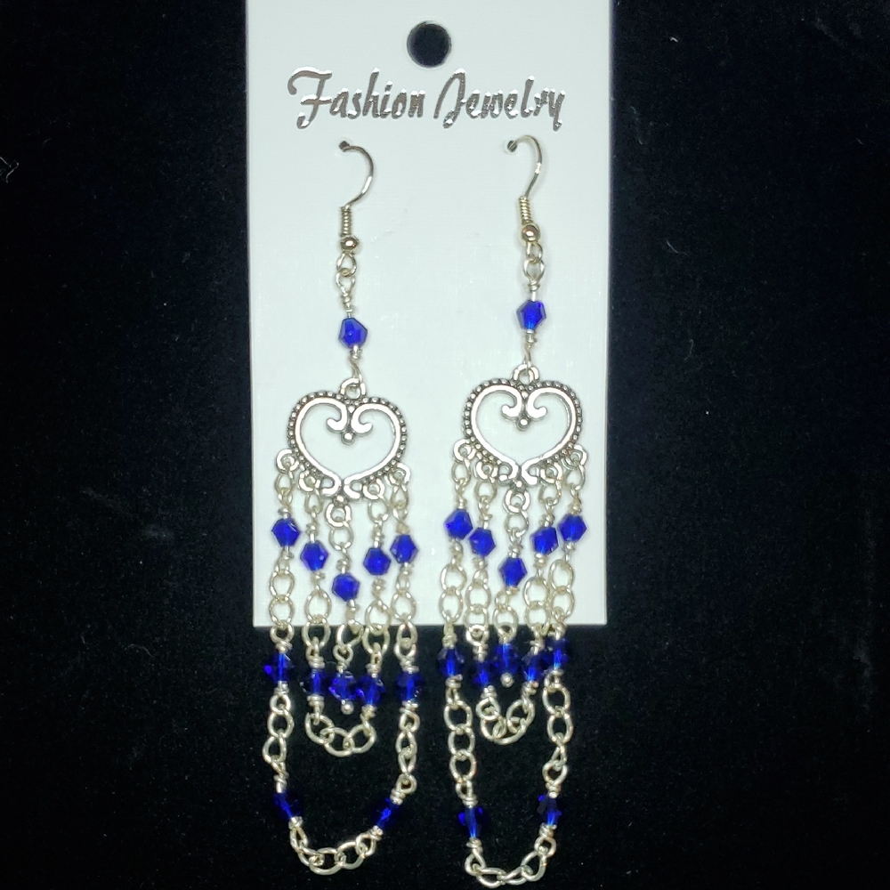 Silver and Blue Heart Dangle Earrings